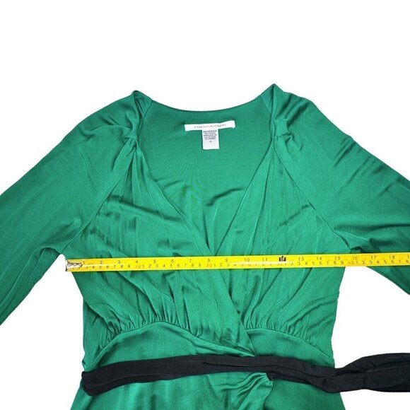 Diane von Furstenberg  Wrap Top Sz.M Green Sash Black Belt Bow Long Sleeve - Picture 12 of 16